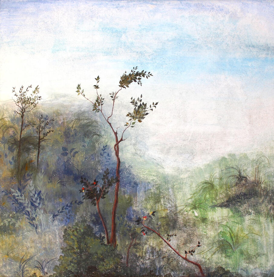 Une scène du jardin de Livia / Fresque sur travertin, 2025 / 40,6 x 40,6cm