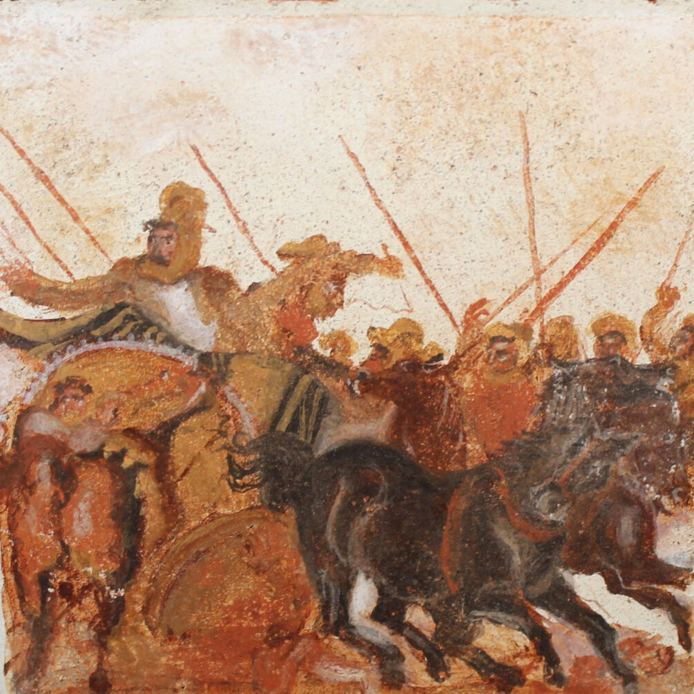 Etude de Mosaïque d'Alexandre (2e siècle av. J.-C) / Fresque sur terre cuite, 2024 / 10,5 x 10,5cm