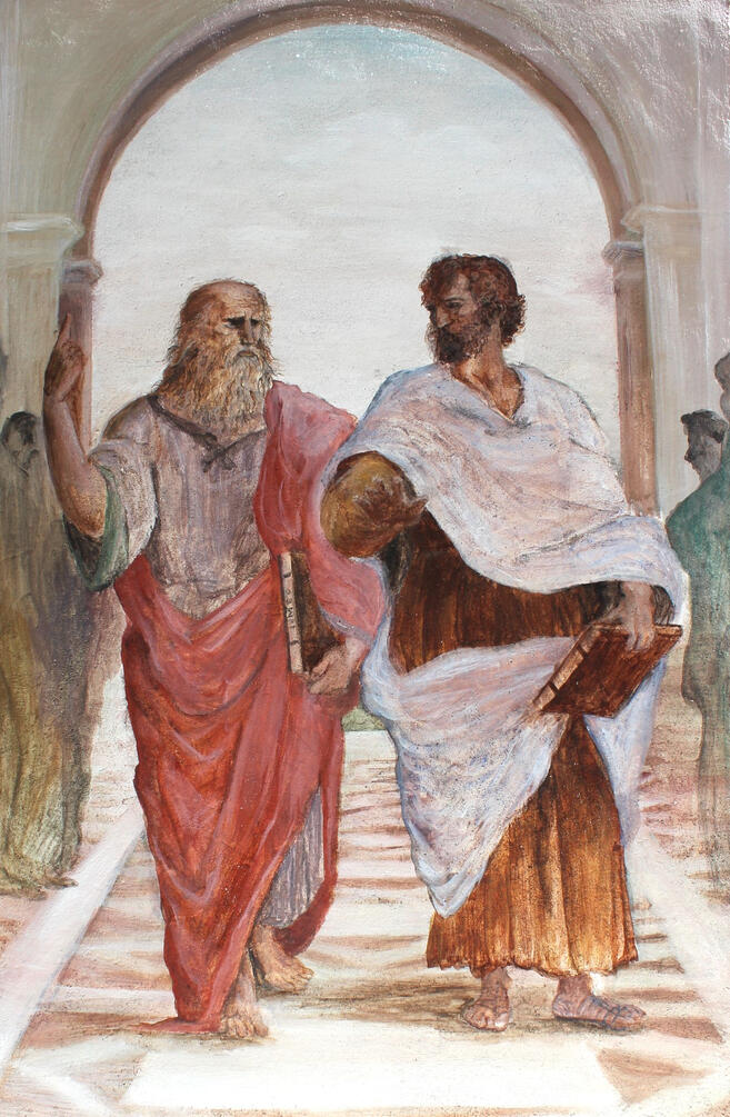 Étude de Platon et d'Aristote tiréede L'École d'Athènes de Raphaël (1509-1511) / Fresque sur travertin, 2025 / 30,5 x 40,6cm