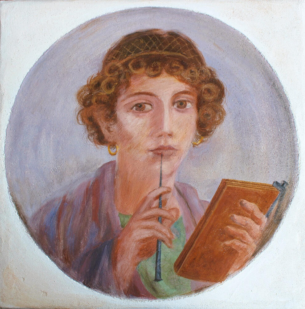 Étude du Portrait d’une jeune femme, dite Sappho (50-79) / Buon fresco sur travertin, 2025 / 40,6 x 40,6